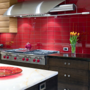 View of a contemporary kitchen which features a ceiling, countertop, interior design, kitchen, red, black