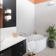 View of a bathroom which features mango-coloured walls, bathroom, bathroom accessory, bathroom cabinet, floor, interior design, plumbing fixture, product design, room, tap, wall, white