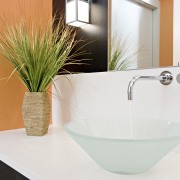 View of a bathroom which features mango-coloured walls, bathroom, ceramic, flowerpot, plumbing fixture, product design, sink, tap, white, orange