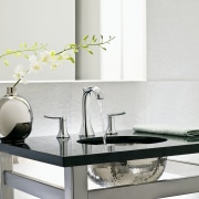 View of a basin and faucets by Moen. ceramic, coffee table, furniture, interior design, product design, table, tap, white