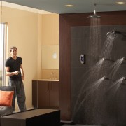View of a shower enclosure which features several ceiling, floor, flooring, furniture, interior design, room, wall, black