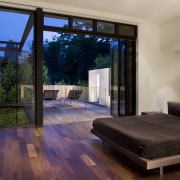 View of bedroom featuring wood flooring, Benjamin Moore architecture, ceiling, estate, floor, home, house, interior design, living room, property, real estate, room, wall, window, black