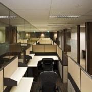 View of updated offices featuring dark timber floors, interior design, office, brown