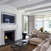 View of living area featuring wide plank Hickory ceiling, fireplace, floor, flooring, hardwood, hearth, home, interior design, living room, room, wall, wood flooring, gray