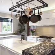 The kitchen features CaesarStone and Nero Marinace granite countertop, home, interior design, kitchen, room, gray