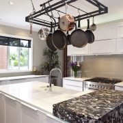 The kitchen features CaesarStone and Nero Marinace granite countertop, interior design, kitchen, room, white