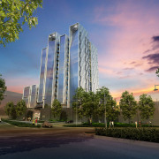 View of concept designs of the Air apartments architecture, building, city, daytime, estate, landmark, metropolis, metropolitan area, mixed use, real estate, residential area, sky, skyscraper, tourist attraction, tower, tree, brown