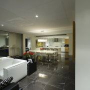 View of the kitchen and dining room - apartment, architecture, ceiling, floor, interior design, real estate, gray