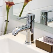 White subway tiles and Atlantis EasyTile frameless glass bathroom, plumbing fixture, product design, sink, tap, white