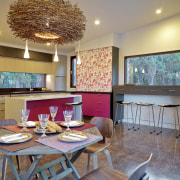 This extension, set on a 20ha rural property, ceiling, dining room, furniture, home, interior design, living room, real estate, room, table, gray