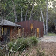 This extension, set on a 20ha rural property, architecture, cottage, home, house, hut, log cabin, plant, real estate, shack, shed, tree, black, gray