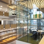 View of the atrium of the new BNZ architecture, condominium, glass, interior design, lobby, gray