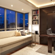 View of media room which doubles as an interior design, living room, real estate, room, window, brown, orange