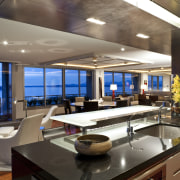 View of kitchen featuring breakfast nook furniture custom ceiling, interior design, real estate, black, brown