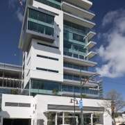 View of the Club Tower offices in Christchurch, apartment, architecture, building, commercial building, condominium, corporate headquarters, elevation, facade, headquarters, house, metropolitan area, mixed use, real estate, residential area, sky, gray, blue