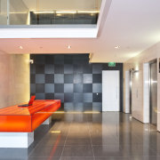 View of the Club Tower offices in Christchurch, architecture, ceiling, floor, flooring, interior design, lobby, loft, product design, real estate, wall, gray