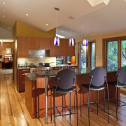View of kitchen designed by Randall M Buffie countertop, dining room, floor, flooring, hardwood, home, house, interior design, kitchen, living room, real estate, room, wood, wood flooring, brown, orange