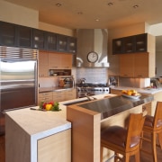 Contemporary kitchen features pivoting benchtop, bright pantry &amp; cabinetry, countertop, cuisine classique, interior design, kitchen, room, brown