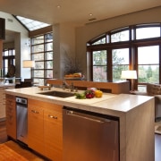 Contemporary kitchen features pivoting benchtop, bright pantry &amp; cabinetry, countertop, cuisine classique, interior design, kitchen, real estate, room, brown