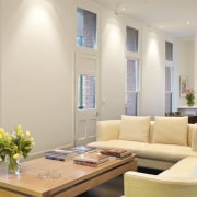 View of one of the 14 new residences ceiling, home, interior design, living room, real estate, room, table, window, gray