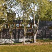 View of the exterior of the home featuring cottage, grass, home, house, landscape, property, real estate, shed, state park, tree, brown