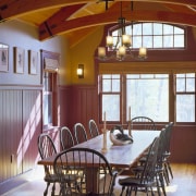 View of dining area featuring golden douglas fir beam, ceiling, dining room, estate, home, interior design, living room, real estate, room, table, window, wood, brown