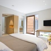 View of the interior of the duplex apartments bedroom, ceiling, estate, hotel, interior design, property, real estate, room, suite, gray