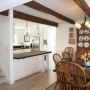 View of dining area &amp; kitchen features wooden countertop, cuisine classique, floor, interior design, kitchen, property, real estate, room, gray, brown