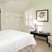 View of traditional furniture in this bedroom - bed frame, bedroom, ceiling, floor, home, house, interior design, living room, real estate, room, wall, window, window covering, window treatment, wood, white