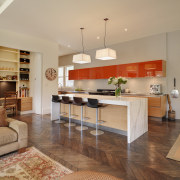 Kitchen designer Keith Sheedy worked in close contact floor, flooring, hardwood, home, interior design, kitchen, living room, real estate, room, table, orange, brown