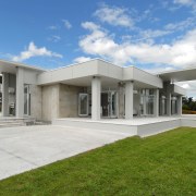 : Deep overhangs and sheltered outdoor living areas architecture, corporate headquarters, elevation, estate, facade, home, house, mansion, official residence, property, real estate, sky, villa, gray