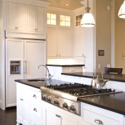 Emerald Door &amp; Glass supplied and installed the cabinetry, countertop, cuisine classique, floor, home, interior design, kitchen, room, sink, white, orange