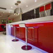 Kitchen Connection Gold Coast created a high-impact, low-maintenance architecture, ceiling, countertop, floor, flooring, interior design, kitchen, lighting, product design, red, gray