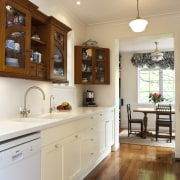 View of kitchen featuring existing timber floors, lacquered cabinetry, ceiling, countertop, cuisine classique, floor, flooring, hardwood, home, interior design, kitchen, living room, real estate, room, wood, wood flooring, gray, brown