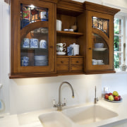 View of sink, hand crafted cabinets and granite bathroom, bathroom accessory, bathroom cabinet, cabinetry, countertop, home, interior design, kitchen, room, shelf, sink, white, brown
