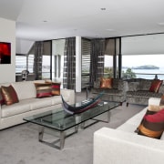 View of home refurbished by interior designer Suzanne apartment, home, interior design, living room, penthouse apartment, property, real estate, gray, white