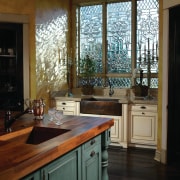 View of kitchen designed by Angela Otten from cabinetry, countertop, cuisine classique, floor, flooring, hardwood, home, house, interior design, kitchen, real estate, room, window, brown, black