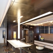 View of kitchen designed by Garret Cord Werner ceiling, daylighting, interior design, kitchen, real estate, brown