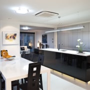 View of kitchen featuring Aluminium and gloss lacquer countertop, interior design, kitchen, real estate, room, white, gray