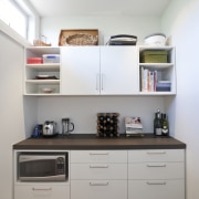 This new kitchen, by RH Cabinetmakers, features traditionally cabinetry, countertop, interior design, kitchen, room, shelf, shelving, gray, white