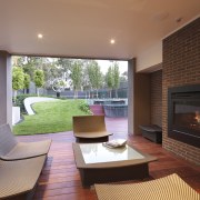 View of outdoor living space by Nathan Burkett architecture, estate, fireplace, hearth, home, house, interior design, living room, property, real estate, window