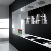 With a fully integrated kitchen design, appliances are furniture, interior design, light fixture, product design, shelf, black, gray