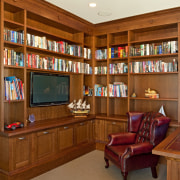 Fyfe Kitchens also designed and manufactured a library bookcase, cabinetry, furniture, home, interior design, living room, room, shelving, brown