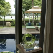 View of window looking to pool area. - home, house, houseplant, outdoor structure, plant, property, table, tree, window, black