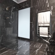 View of bathroom which features chocolate-coloured marble floor architecture, black and white, ceiling, floor, flooring, glass, interior design, room, tile, wall, window, black, gray