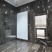 View of bathroom which features chocolate-coloured marble floor bathroom, ceiling, floor, flooring, glass, interior design, room, tile, wall, black, gray