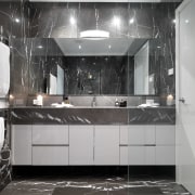 View of bathroom which features chocolate-coloured marble floor bathroom, countertop, floor, flooring, interior design, room, sink, tile, gray, black