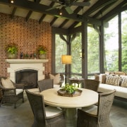 View of the lounge features large windows &amp; dining room, furniture, home, interior design, living room, outdoor structure, patio, porch, real estate, table, brown