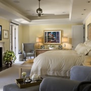 Master bedroom overviewing the furniture &amp; fireplace ceiling, home, interior design, living room, real estate, room, wall, gray