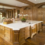 View of classical home &amp; kitchen - View cabinetry, countertop, cuisine classique, floor, flooring, furniture, hardwood, interior design, kitchen, room, wood, wood flooring, wood stain, brown